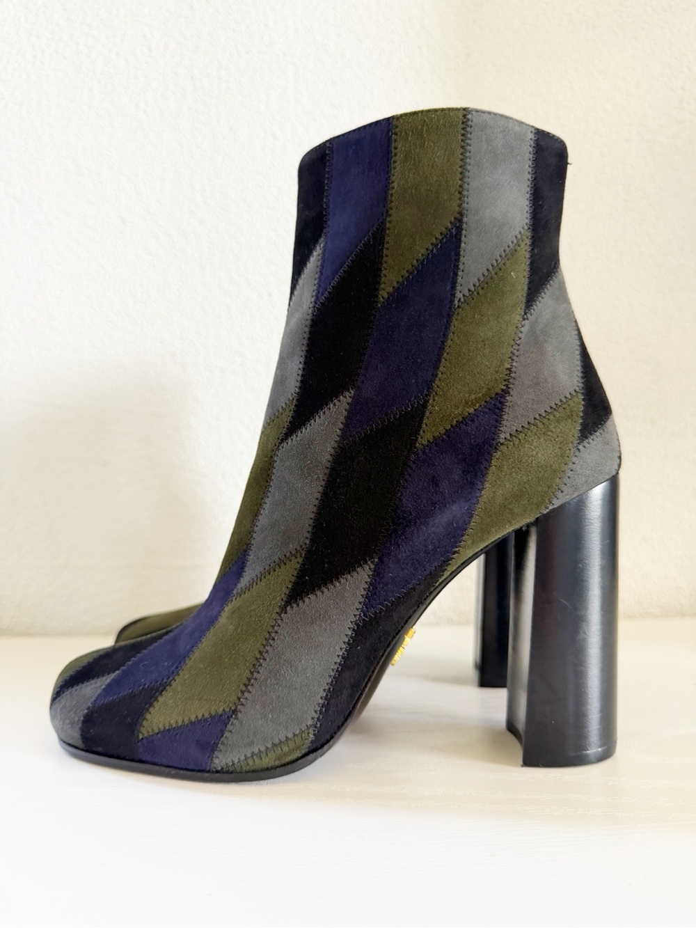 Prada Patchwork Suede Jewel Tone Ankle Boots Size EU 36.5 Blue Green Gray Black